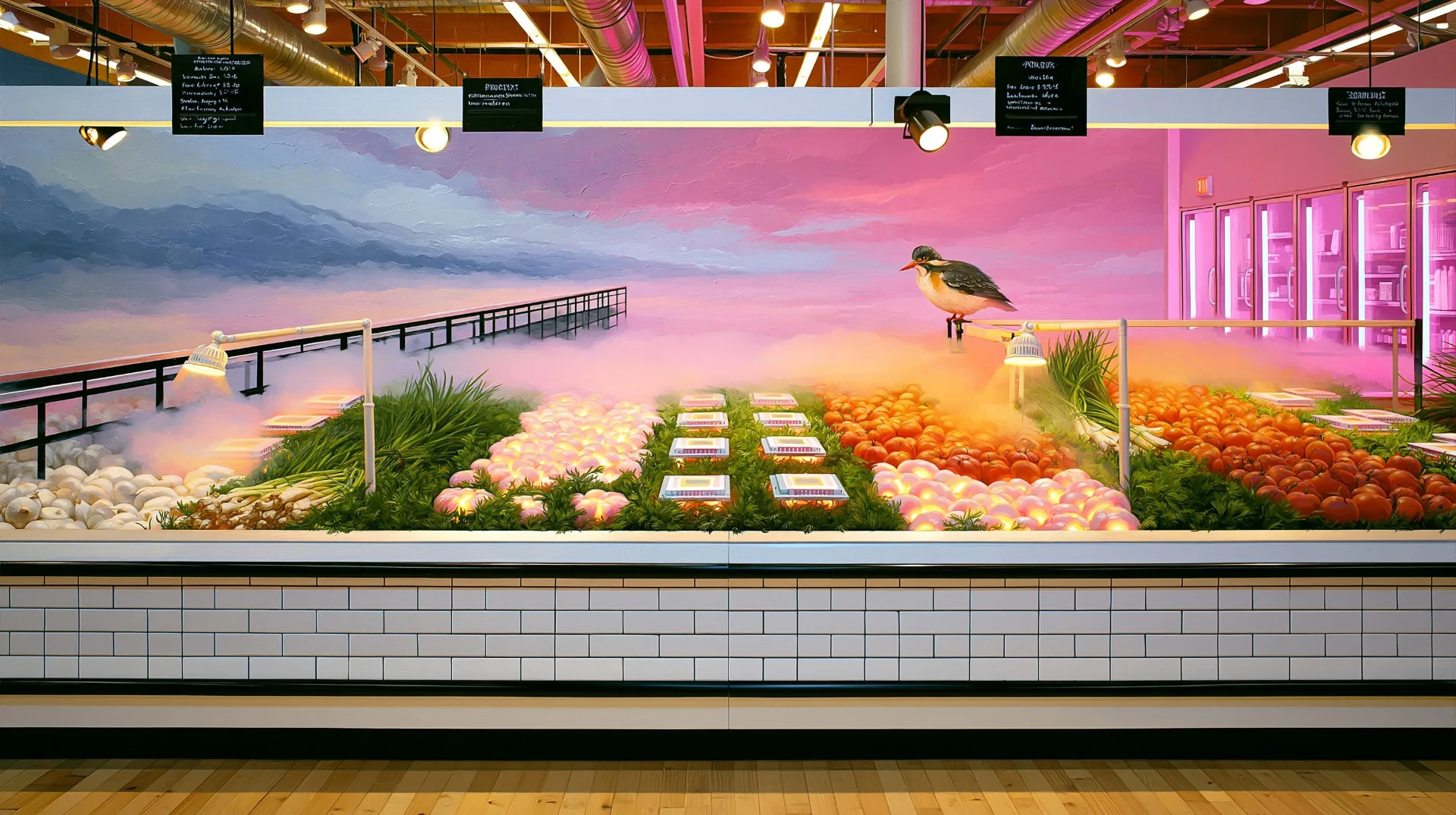 surreal oil painting of an archetypal supermarket produce counter glowing under pink light, a painted pastel sky mural behind it and a single shorebird perched on the rail — an invented scene, not any real storefront