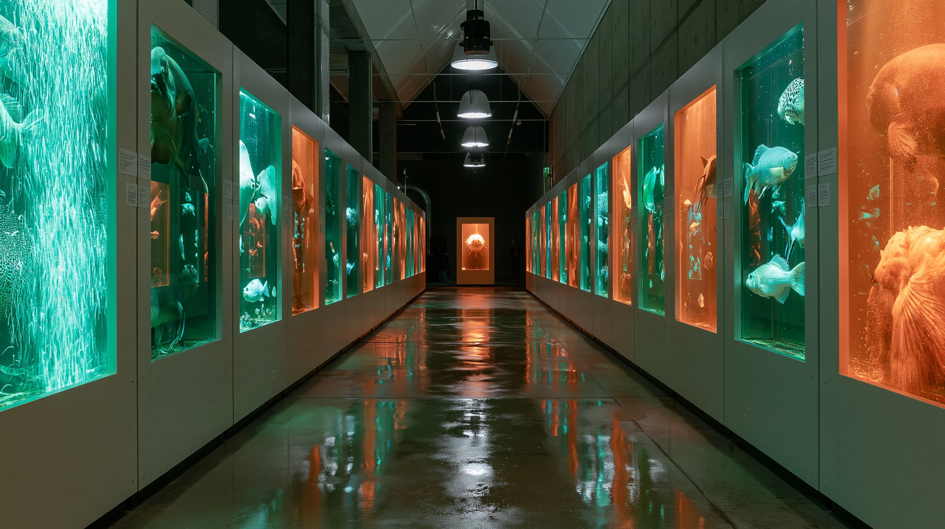 Specimen B: the Wing C tank corridor, illuminated teal and orange tanks reflected on wet concrete.