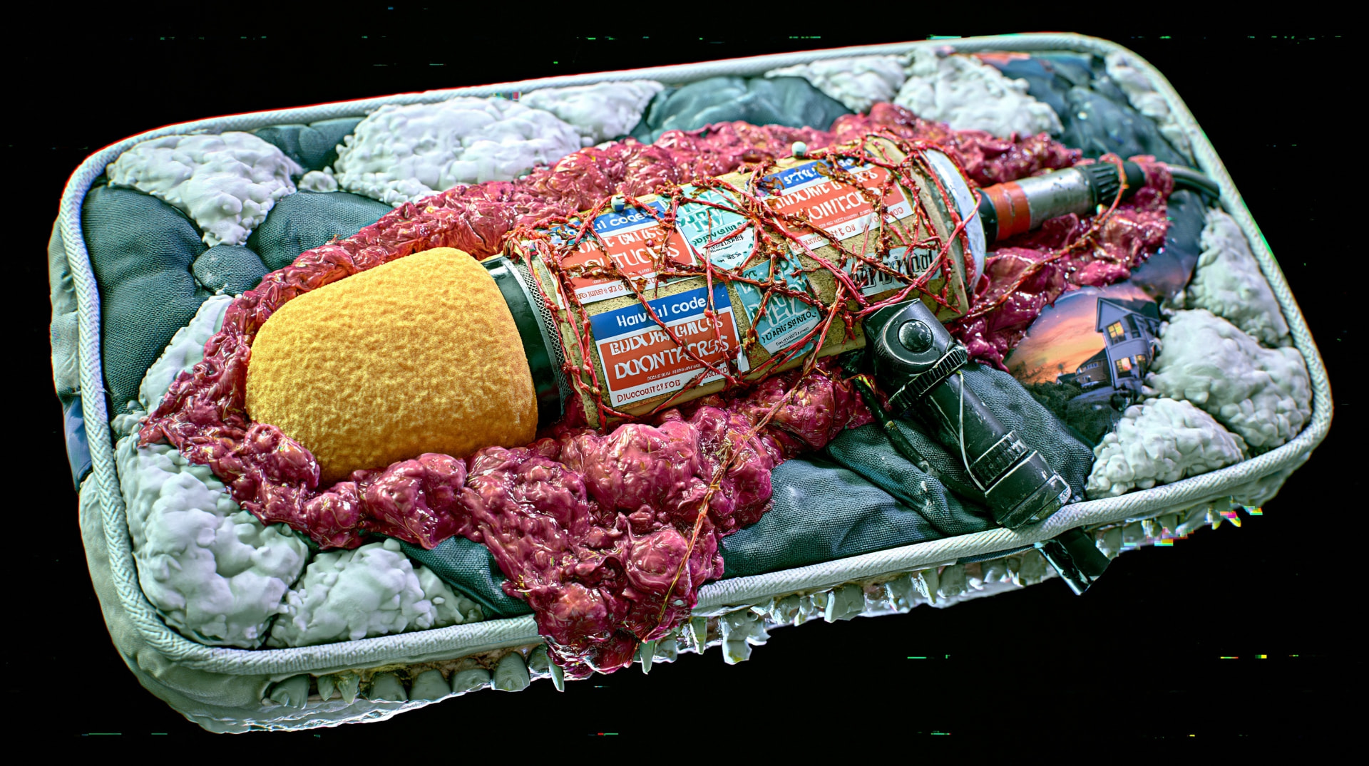 A recording microphone laid out on a mattress like evidence on an autopsy table, wrapped in sponsor labels and red string.
