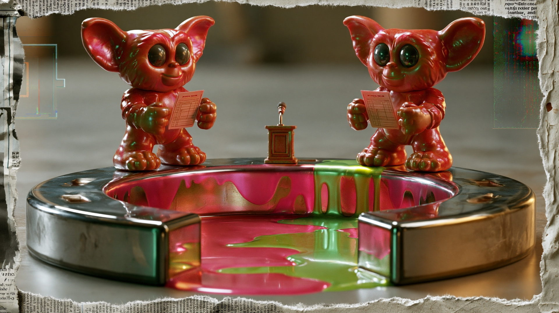 Two identical vinyl figures at opposite ends of one circular dais, a single microphone between them.
