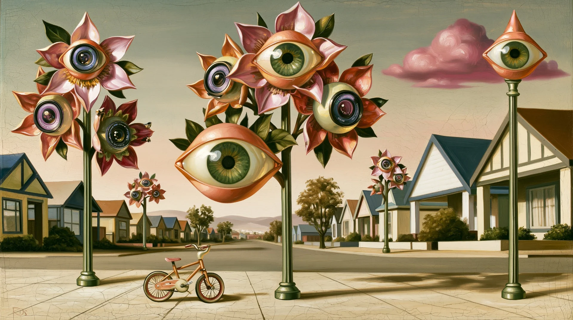 oil painting of a quiet suburban street where the streetlamps have bloomed into flowers whose centers are human eyes and camera lenses, a child's bicycle abandoned on the sidewalk beneath them